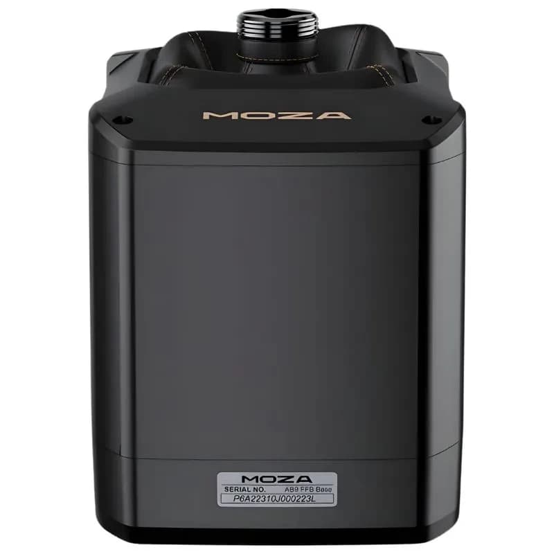 Moza Racing AB9 FFB Base 12 Nm en aluminium noir, design compact et anguleux, connecteur fileté supérieur, finitions dorées MOZA, plaque série arrière
