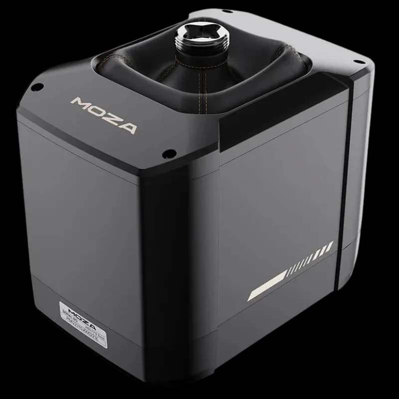 Moza Racing AB9 FFB Base 12 Nm compacte en métal noir, design angulaire, connecteur supérieur fileté, finitions premium et lignes décoratives blanches