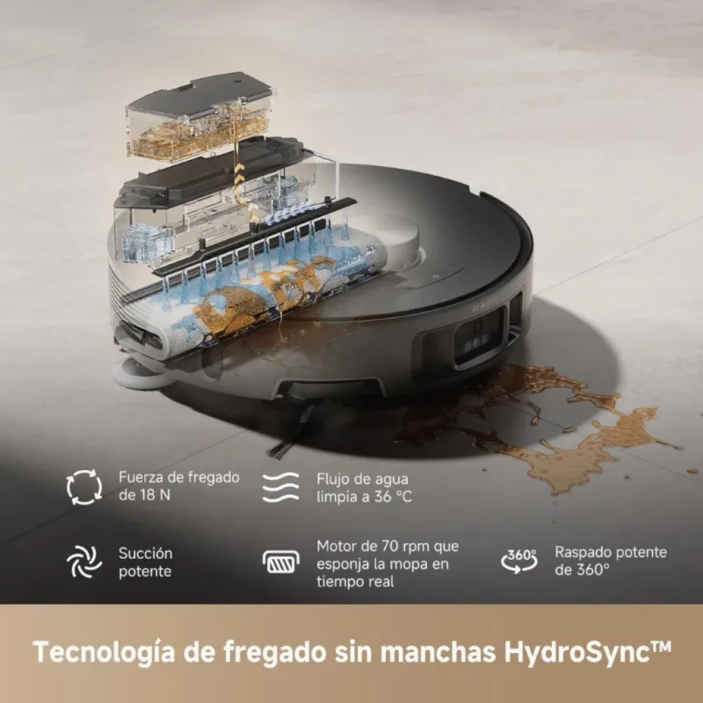 Mova Z50 Ultra Negro con base multifunción: triple depósito, dock automático y robot circular con sensor LiDAR; diseño elegante con detalles dorados. - Ítem3