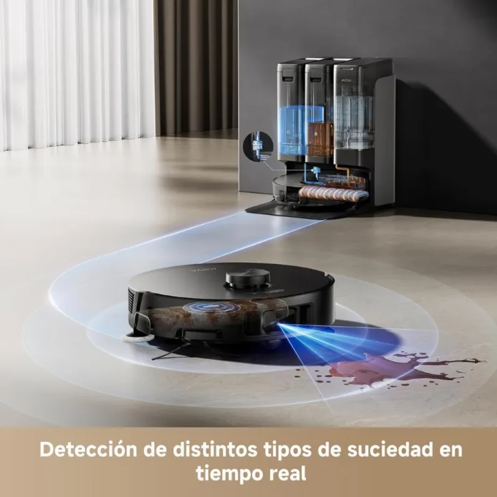 Mova Z50 Ultra Negro con base multifunción: triple depósito, dock automático y robot circular con sensor LiDAR; diseño elegante con detalles dorados. - Ítem4