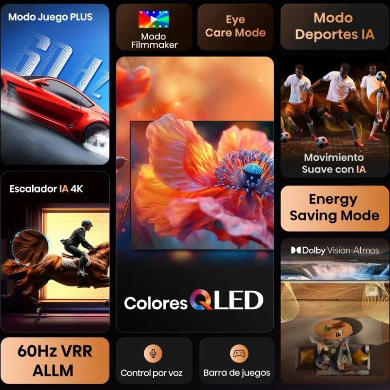 Hisense 85E7Q 85 pulgadas QLED 4K Ultra HD en negro con bisel delgado, peana doble y panel amplio; logos de QLED 4K, AI Upscaler, Dolby Vision-Atmos y - Ítem1