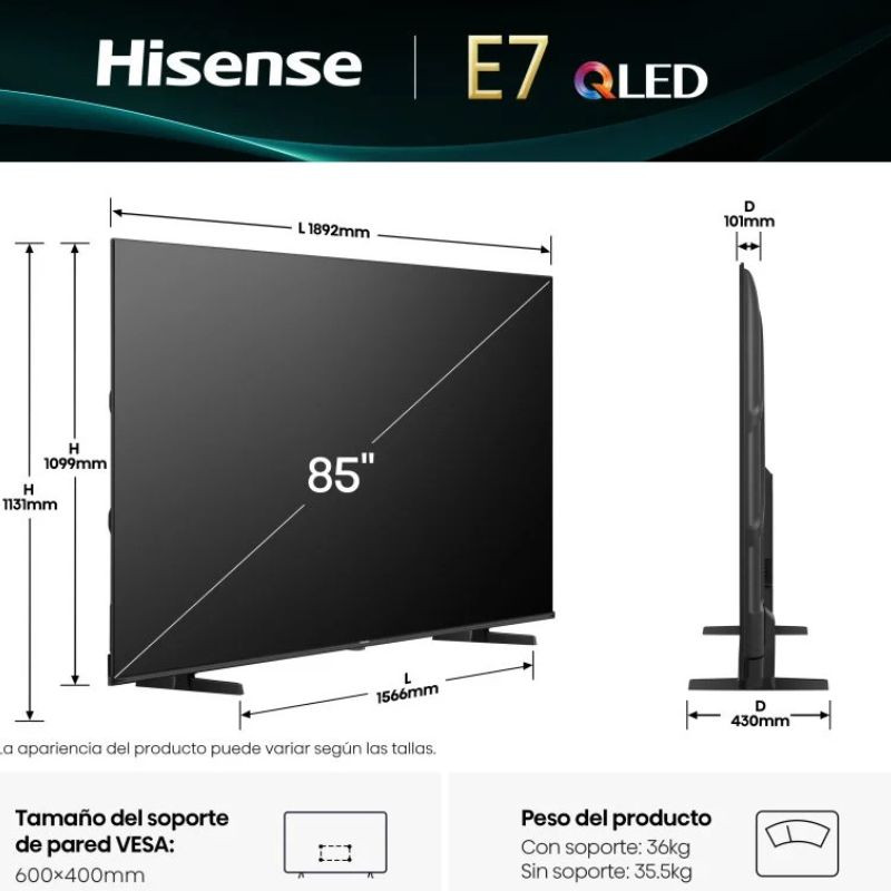 Hisense 85E7Q 85 pulgadas QLED 4K Ultra HD en negro con bisel delgado, peana doble y panel amplio; logos de QLED 4K, AI Upscaler, Dolby Vision-Atmos y - Ítem4