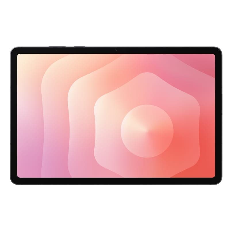 Samsung Galaxy Tab S11 11 pouces gris avec écran bord à bord aux coins arrondis, fine bordure noire et surface lumineuse aux dégradés rose pêche
