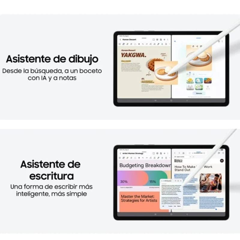 Tablette Samsung Galaxy Tab S11 11 pouces gris, écran partagé, stylet en action pour dessin et écriture, interface claire, 12 Go RAM 128 Go, 5G Wi‑Fi