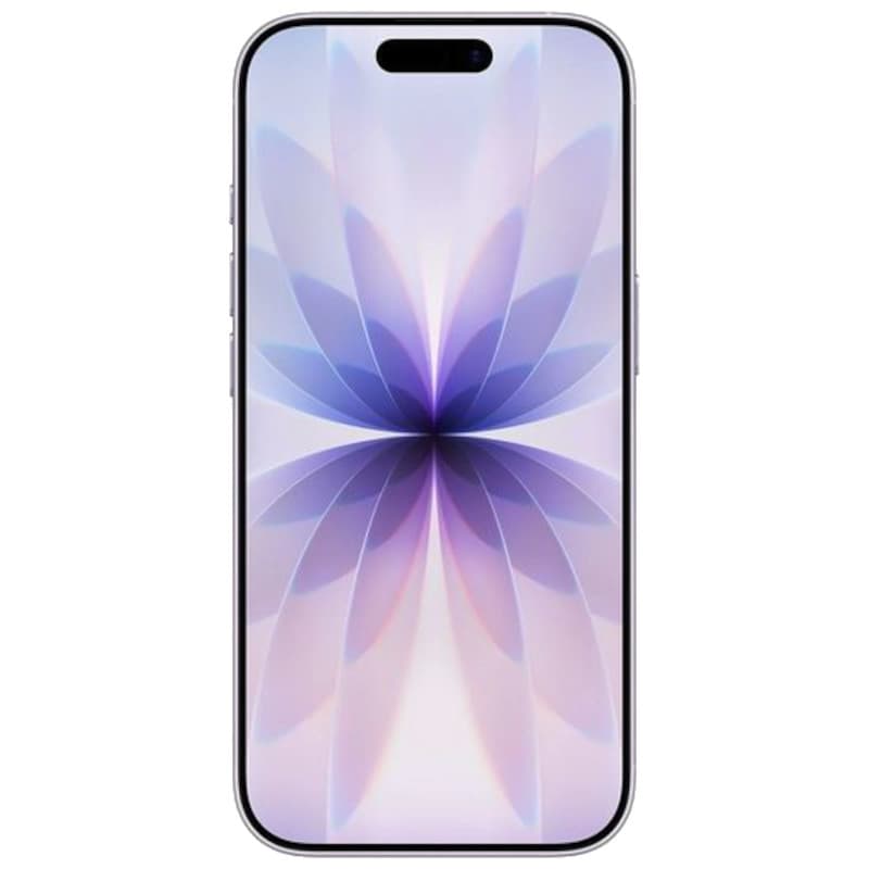 iPhone 17 256 Go Lavande Version internationale avec écran bord à bord, bordures fines et poinçon double en haut, motif floral violet lumineux sur l’écran