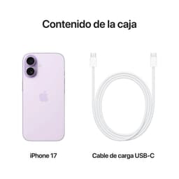 iPhone 17 256 Go Lavande avec double appareil photo arrière, dos en verre violet pâle, câble de charge USB C blanc inclus, version internationale
