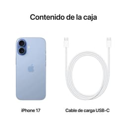 iPhone 17 256 Go Bleu Brume avec double capteur arrière et écran bord à bord, livré avec câble de charge USB C blanc, design fin et élégant
