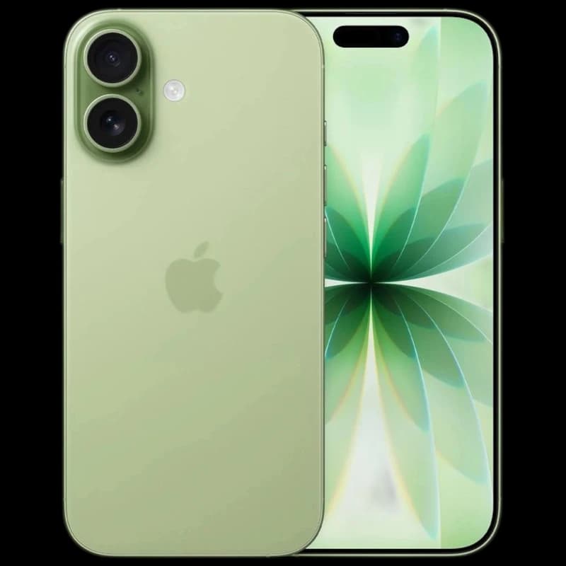 iPhone 17 256 Go Vert sauge, dos mat vert, double capteur arrière aligné, écran bord à bord avec îlot dynamique, logo Apple centré