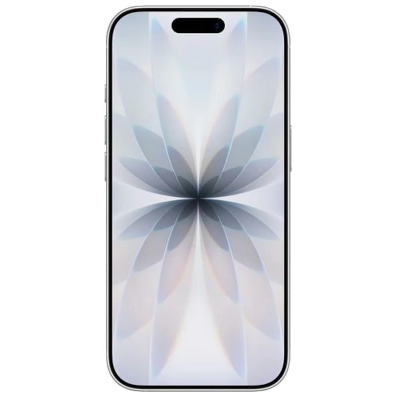 iPhone 17 256 Go Blanc Version internationale avec écran bord à bord, bordures fines en métal argenté et motif floral géométrique gris sur l affichage