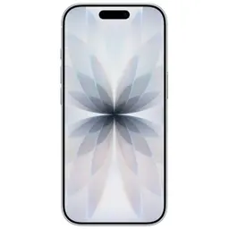 iPhone 17 256 Go Blanc Version internationale avec écran bord à bord, bordures fines en métal argenté et motif floral géométrique gris sur l affichage