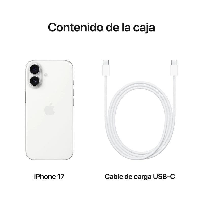 iPhone 17 256 Go Blanc version internationale avec dos blanc, double appareil photo vertical et câble de charge USB C blanc inclus