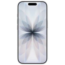 iPhone 17 512Go Blanc Version internationale avec écran bord à bord, bords fins argentés et poinçon frontal, fond floral géométrique gris perlé