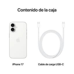 iPhone 17 512Go Blanc, dos en verre blanc avec double capteur photo, logo Apple centré. Câble de charge USB C blanc inclus, minimaliste et épuré.