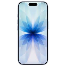 iPhone 17 512Go Bleu Brume, écran bord à bord avec îlot en haut, bords fins en métal bleuté, fond floral géométrique bleus dégradés, version