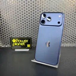 iPhone 17 Pro 512Go Bleu Foncé avec dos mat, logo Apple centré et module photo double grand format, bords aluminium, posé sur support métallique