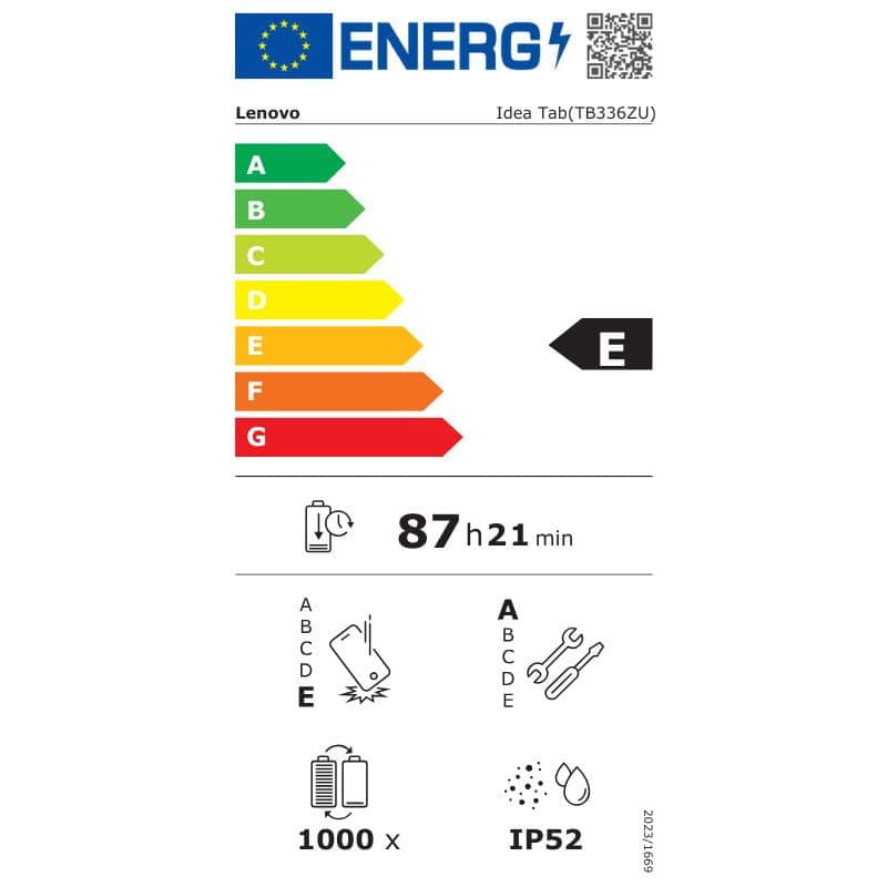 Etiqueta energética para Lenovo Idea Tab 11 8GB/256GB WiFi + 5G Gris: clase E, autonomía 87 h 21 min, batería 1000 ciclos, resistencia IP52, iconos de