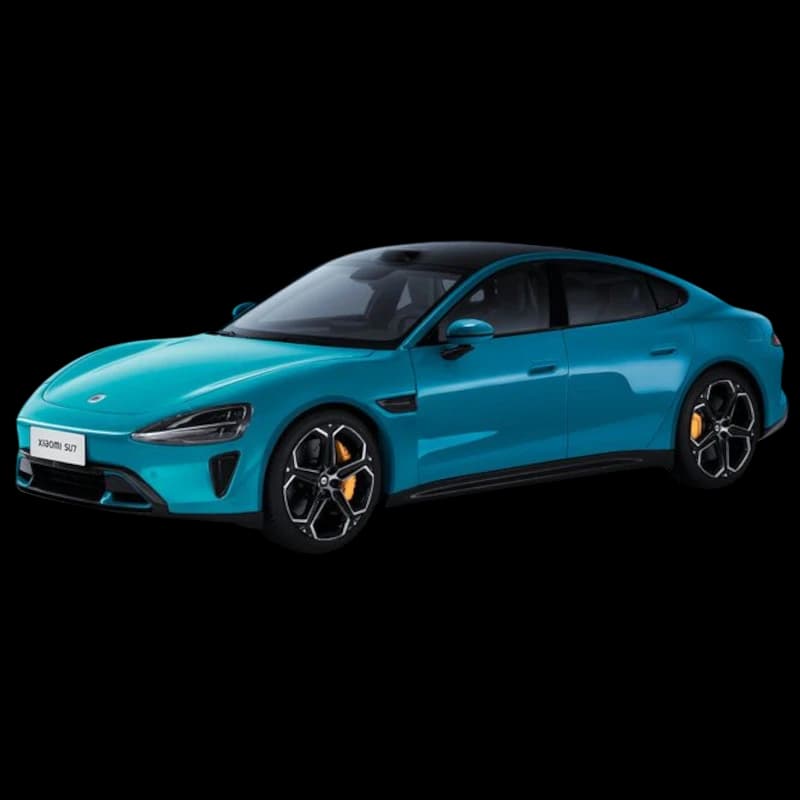 Xiaomi SU7 1/18 Die-cast Model Car Azul Aguamarina com carroceria esportiva, teto preto, rodas de liga com pinças amarelas e detalhes realistas