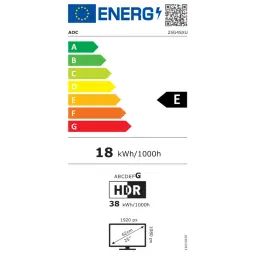 Etiqueta energética del monitor AOC 25G4SXU: clase E, consumo 18 kWh/1000 h, HDR, resolución 1920x1080, diagonal 25 pulgadas, 62 cm, formato 16:9