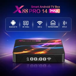 X88 PRO 14 Max Android TV Box negro con display LED frontal, logotipos de Android 14, 4K, Wifi 6, BT 5.0 y puertos LAN 10/100/1000M; diseño con luces