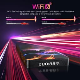X88 PRO 14 Max Android TV box negro con pantalla LED frontal, puertos LAN y USB, diseño con líneas de luz, destaca compatibilidad WiFi 6 y Android 14