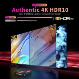 TV 4K HDR10 con colores vivos y alto contraste, panel 3840x2160 y 1080p compatible; muestra mejoras de brillo y detalle. Incluye caja X88 PRO 14 Max debajo
