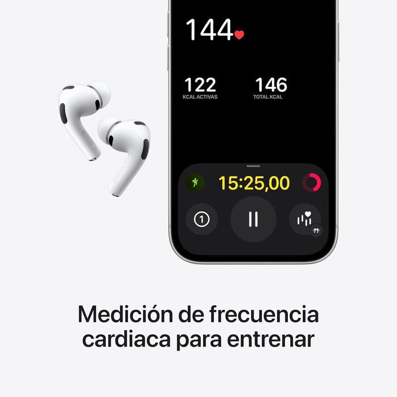 Apple AirPods Pro 3ª geração branco ao lado de iPhone exibindo treino: fones intra-auriculares com hastes curtas e pontas de silicone, design compacto e
