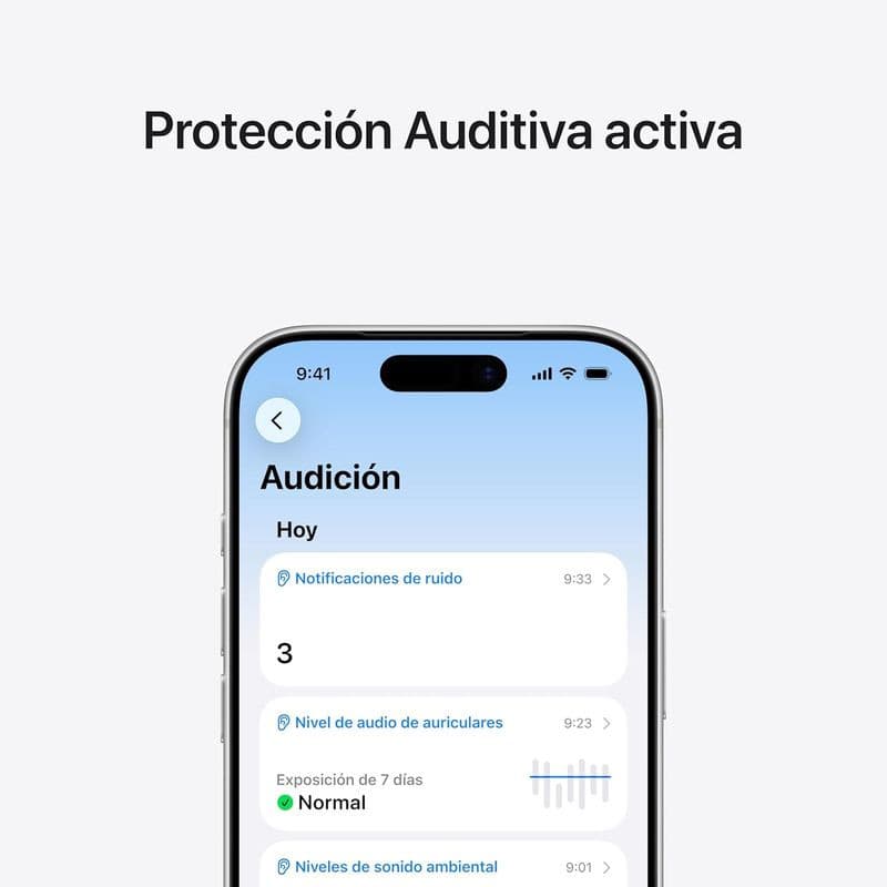 Apple AirPods Pro 3ª geração branco exibindo tela do iPhone com Proteção Auditiva ativa, níveis de ruído, exposição semanal e status Normal
