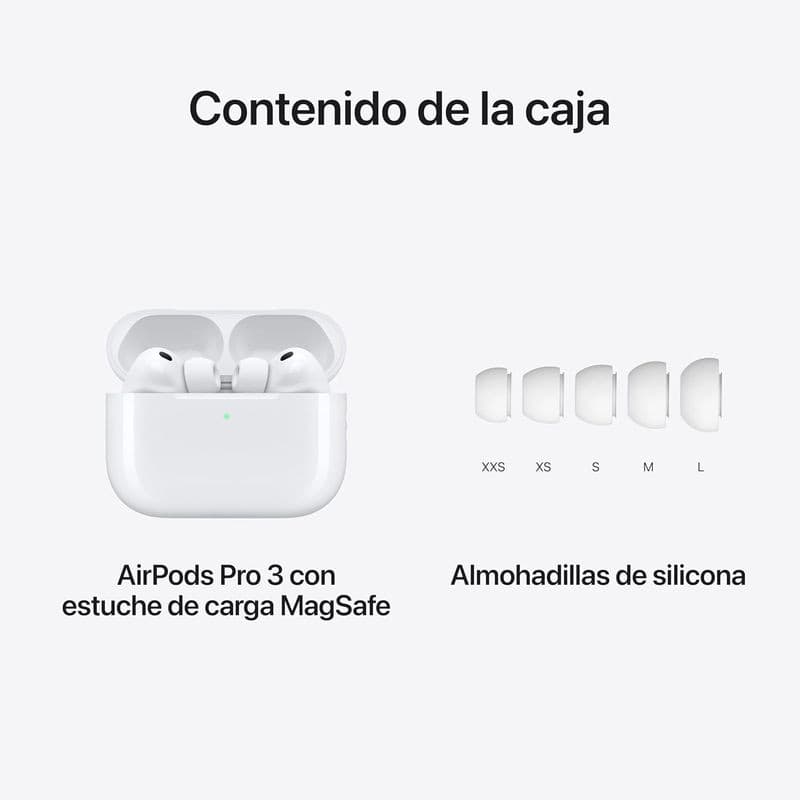 Apple AirPods Pro 3 geração na cor branca com estojo de carregamento MagSafe e conjunto de pontas de silicone em tamanhos XXS, XS, S, M e L