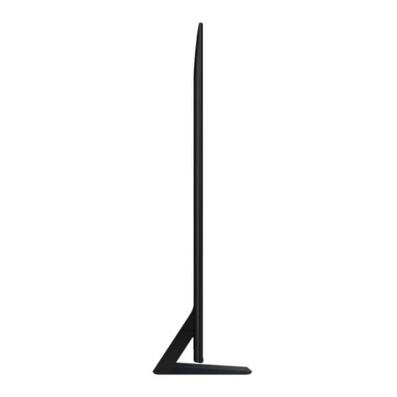 Profil latéral ultra fin d’un téléviseur Samsung 75 pouces noir, pied en forme de L, cadre mince élégant pour installation moderne et gain de place