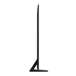 Profil latéral ultra fin d’un téléviseur Samsung 75 pouces noir, pied en forme de L, cadre mince élégant pour installation moderne et gain de place