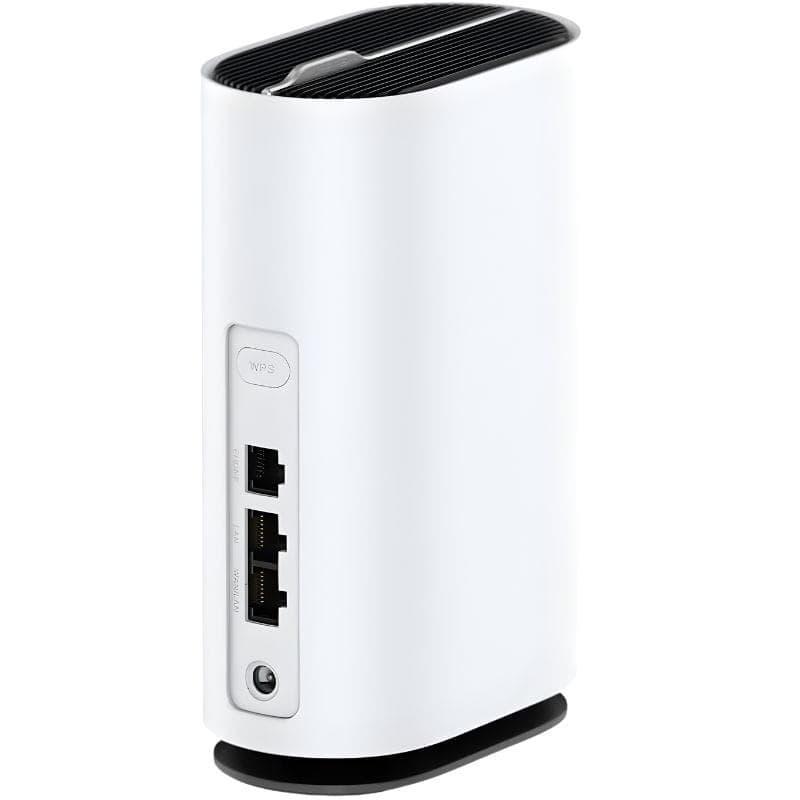 Router ZTE G5C 5G Wi‑Fi 6 com corpo branco vertical, grelha superior preta, botões WPS e ligações Ethernet traseiras, design minimalista compacto