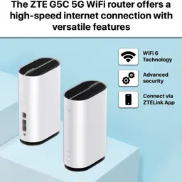 Router ZTE G5C 5G Wi‑Fi 6 branco, design vertical minimalista, grelha superior preta, portas LAN e WAN laterais, indicador LED frontal, suporte a app ZTELink