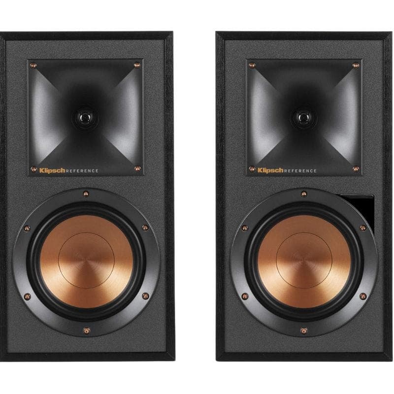 Enceintes Klipsch R-51M noires avec pavillon Tractrix, tweeter central et grand woofer cuivre, évent bass-reflex latéral, design élégant et robuste