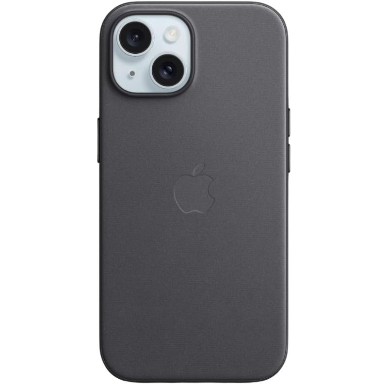 Coque FineWoven avec MagSafe pour iPhone 15, noire, texture mate, logo Apple centré, bordures fines, découpes précises pour modules photo et boutons - Ítem