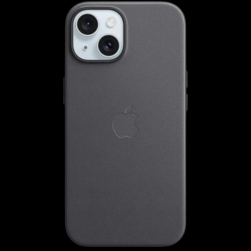 Capa FineWoven com MagSafe para iPhone 15 na cor preta, acabamento fosco, logo Apple em relevo e recorte preciso para câmera dupla