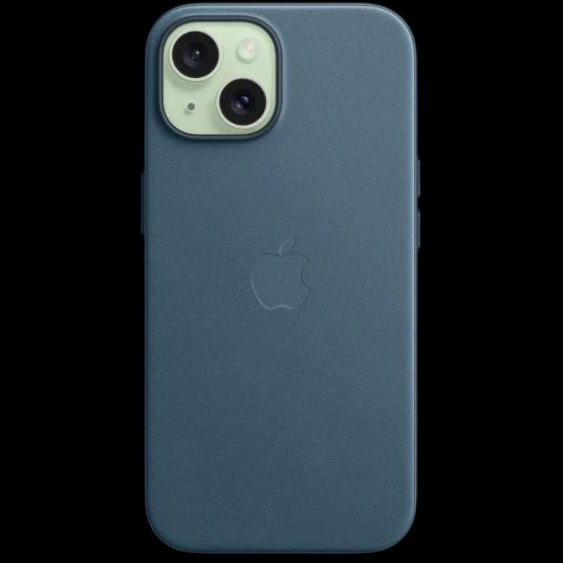 Capa FineWoven com MagSafe para iPhone 15, Azul Pacífico; acabamento têxtil premium, logotipo Apple central, recorte preciso para câmera dupla, laterais lisas