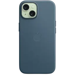 Capa FineWoven com MagSafe para iPhone 15, Azul Pacífico; acabamento têxtil premium, logotipo Apple central, recorte preciso para câmera dupla, laterais lisas