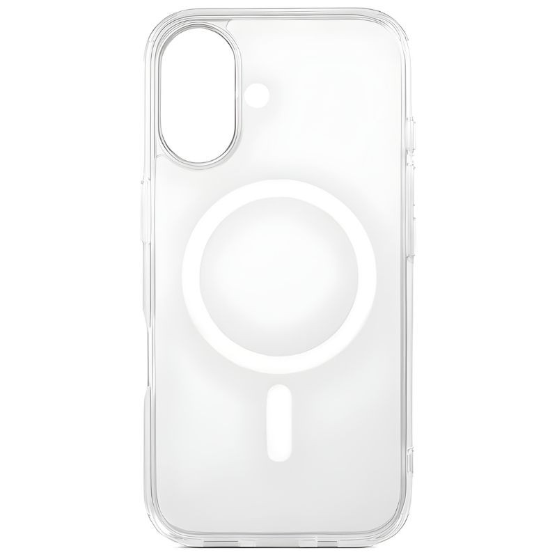 Coque transparente pour iPhone 16 avec anneau MagSafe visible, bords renforcés, découpes précises pour caméras et ports, design fin et clair - Ítem