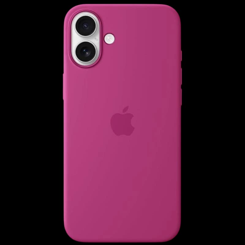 Capa de silicone MagSafe para iPhone 16 em fúcsia, acabamento fosco, logo Apple central, recorte para dupla câmera e botões laterais protegidos