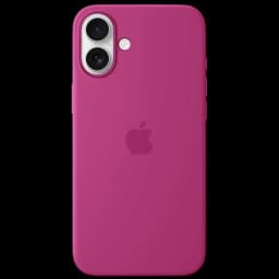 Capa de silicone MagSafe para iPhone 16 em fúcsia, acabamento fosco, logo Apple central, recorte para dupla câmera e botões laterais protegidos