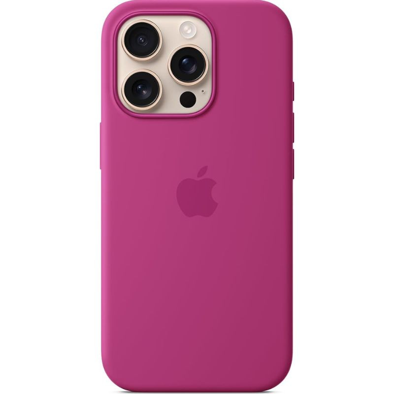 Capa de silicone com Magsafe para iPhone 16 Pro, Fucsia, acabamento suave ao toque, logotipo Apple central, recorte preciso para câmera tripla e bordas elevadas - Item