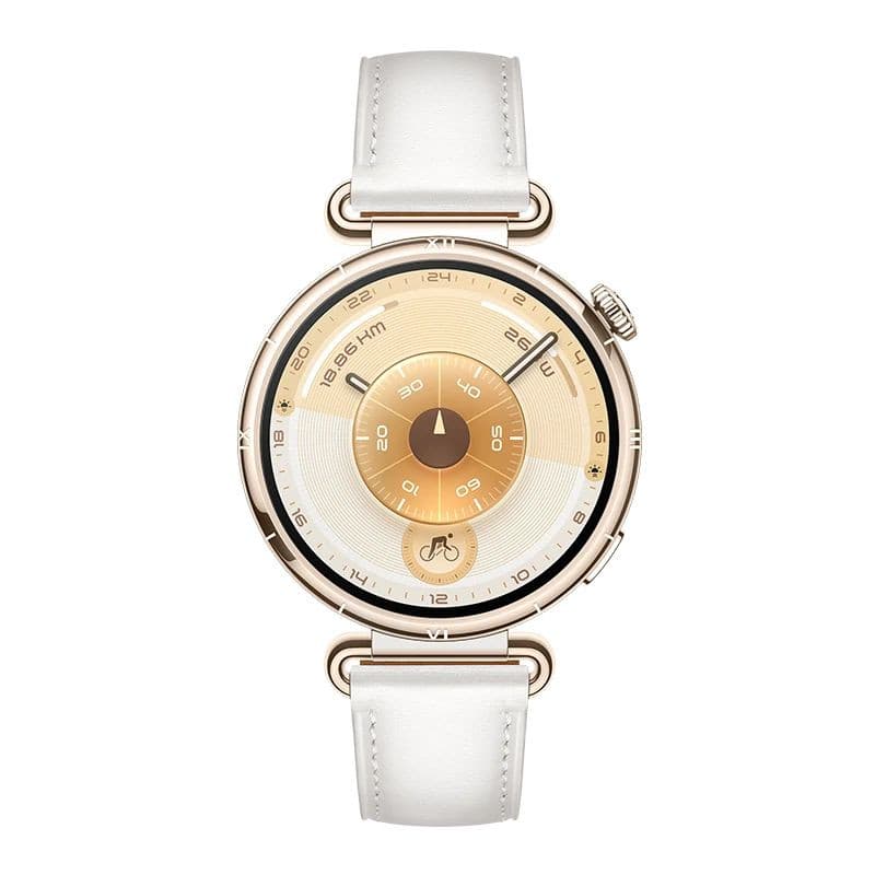 Huawei Watch GT6 41 mm Branco com caixa dourada, mostrador dourado degradê e pulseira de couro branco. Design elegante e minimalista.