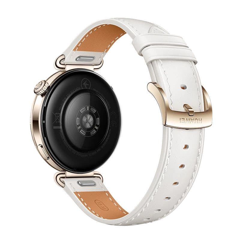 Huawei Watch GT6 41 mm Branco com caixa dourada, traseira preta circular e pulseira branca de couro com fecho metálico HUAWEI elegante