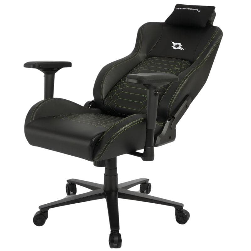 Chaise Gaming PowerGaming i3 Atlas: fauteuil ergonomique inclinable, revêtement similicuir noir/vert, accoudoirs réglables 4D, coussin lombaire, base à