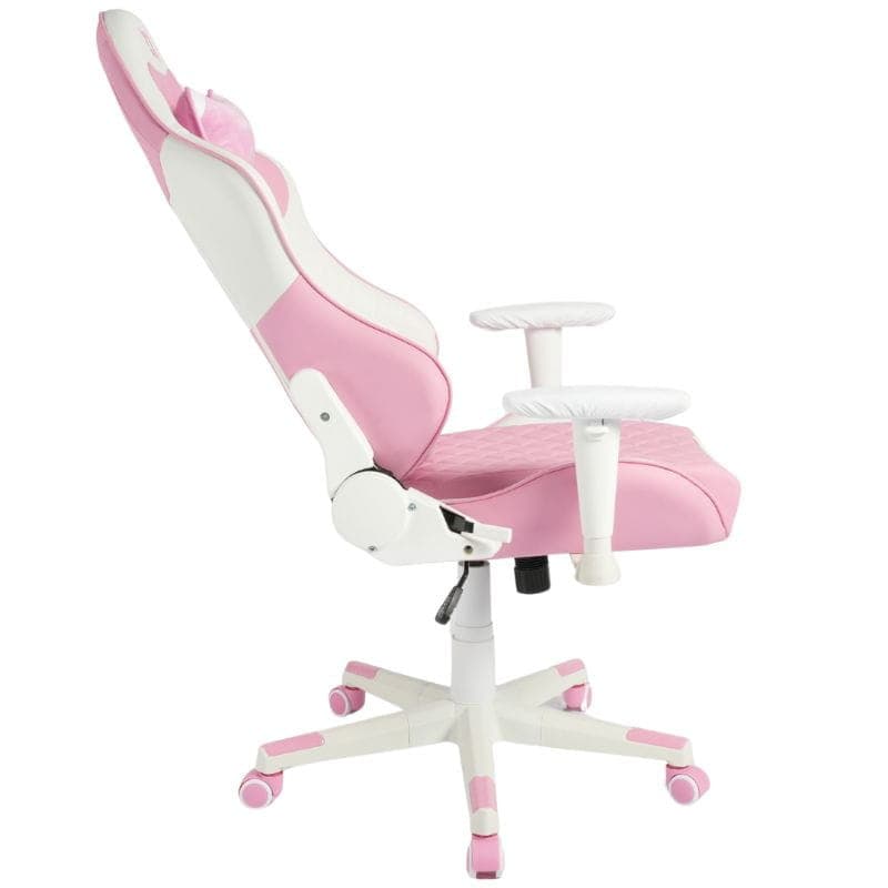 Chaise Gaming PowerGaming NERV rose et blanche, dossier ergonomique type baquet, accoudoirs réglables, base à 5 roulettes bicolores, sangles décoratives
