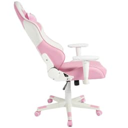 Chaise Gaming PowerGaming NERV rose et blanche, dossier ergonomique type baquet, accoudoirs réglables, base à 5 roulettes bicolores, sangles décoratives