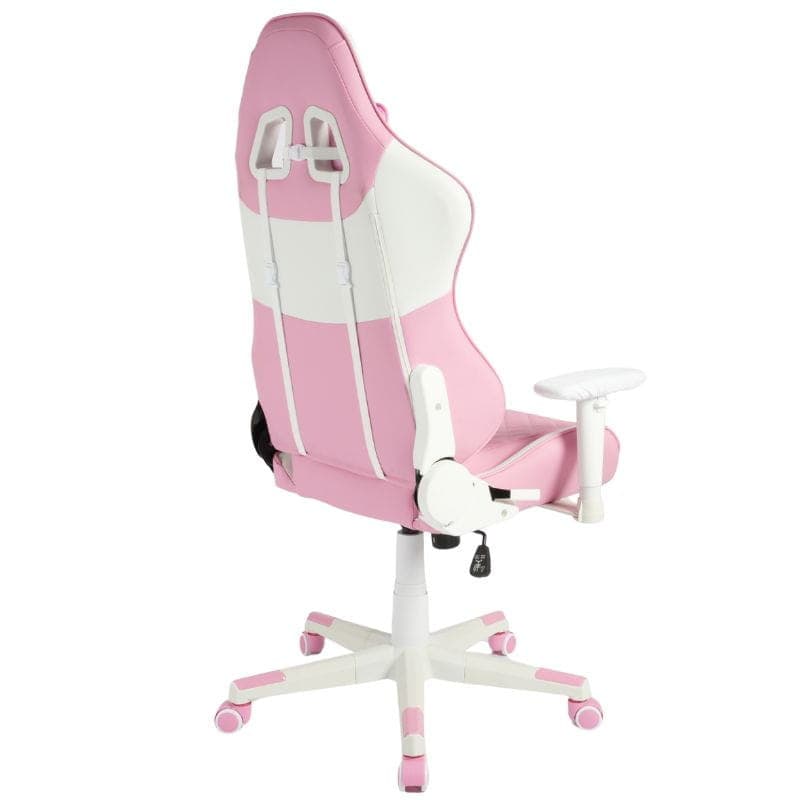 Chaise Gaming PowerGaming NERV rose et blanche, ergonomique avec coussins lombaire et nuque, accoudoirs réglables, base à roulettes robuste.