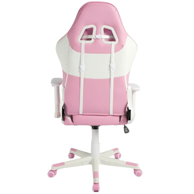 Chaise Gaming PowerGaming NERV rose et blanche, dossier haut ergonomique, accoudoirs réglables, base à 5 roulettes bicolores, finitions rembourrées.