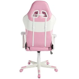 Chaise Gaming PowerGaming NERV rose et blanche, dossier haut ergonomique, accoudoirs réglables, base à 5 roulettes bicolores, finitions rembourrées.