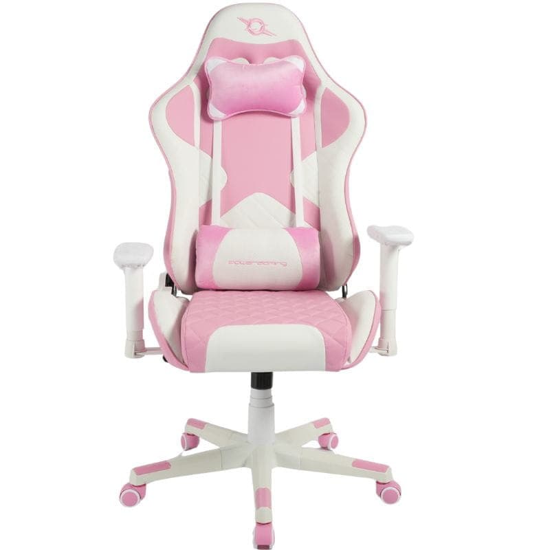 Chaise Gaming PowerGaming NERV rose et blanche, dossier inclinable, accoudoirs réglables, assise rembourrée, base à 5 roulettes bicolores.